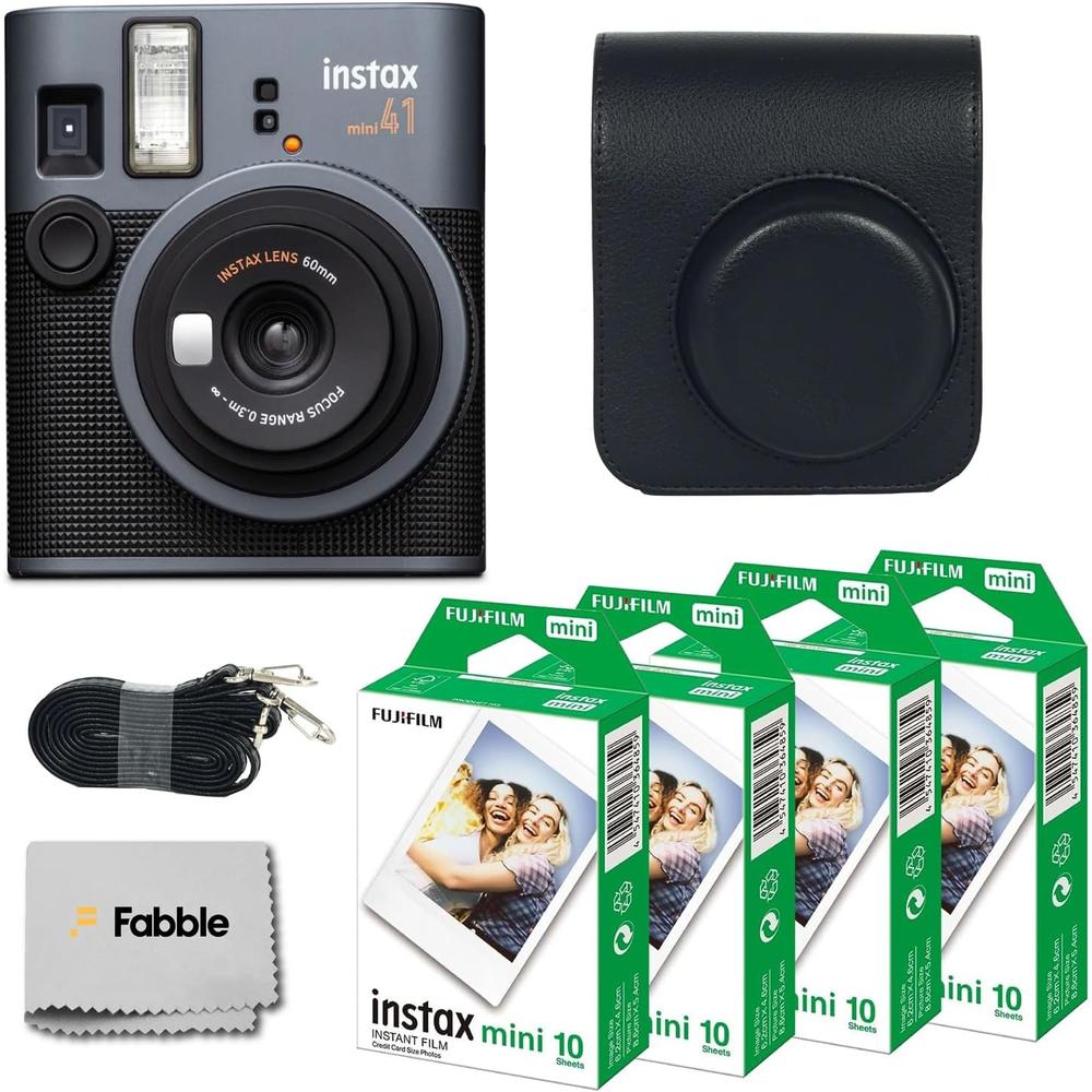 CÁMARA FUJIFILM INSTANTÁNEA INSTAX MINI 41 C/40 HOJAS ESTUCHE GROOVY Y PAÑO SET 4 PZS | NEGRO - 1