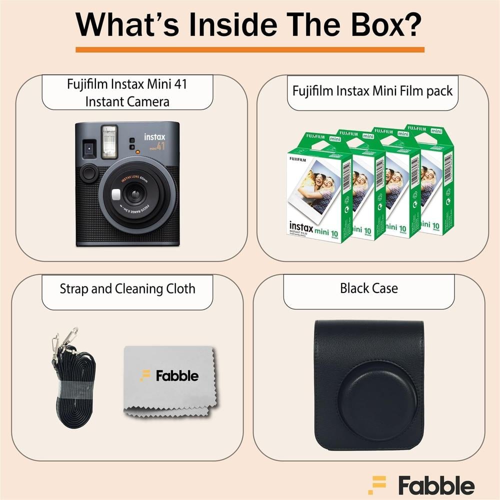CÁMARA FUJIFILM INSTANTÁNEA INSTAX MINI 41 C/40 HOJAS ESTUCHE GROOVY Y PAÑO SET 4 PZS | NEGRO - 2