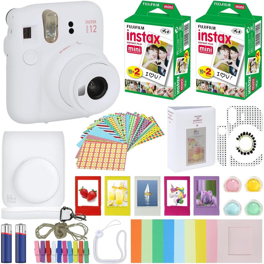 CÁMARA FUJIFILM INSTANTÁNEA INSTAX MINI 12 C/40 HOJAS ESTUCHE ÁLBUM FILTROS Y ACC. SET 6 PZS | BLANCO CLAY - 1