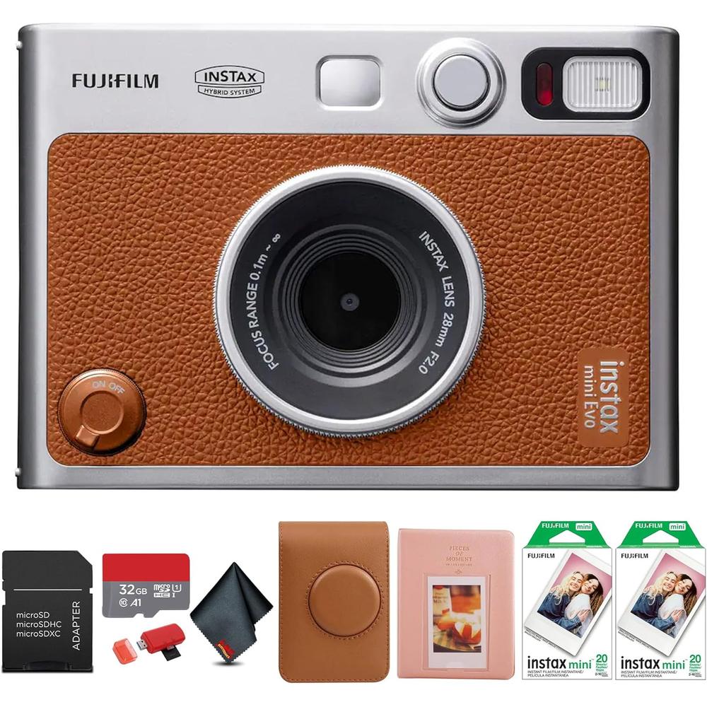 CÁMARA FUJIFILM HÍBRIDA INSTAX MINI EVO C/40 HOJAS MEMORIA 32 GB ESTUCHE ÁLBUM Y PAÑO SET 6 PZS | MARRÓN - 1