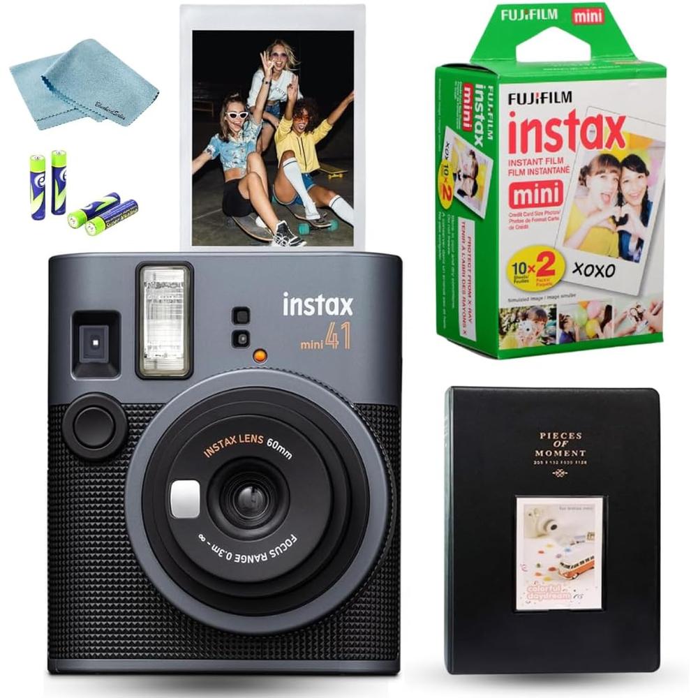 CÁMARA FUJIFILM INSTANTÁNEA INSTAX MINI 41 C/20 HOJAS ÁLBUM PILAS PAÑO Y ACC. SET 6 PZS | NEGRO - 1