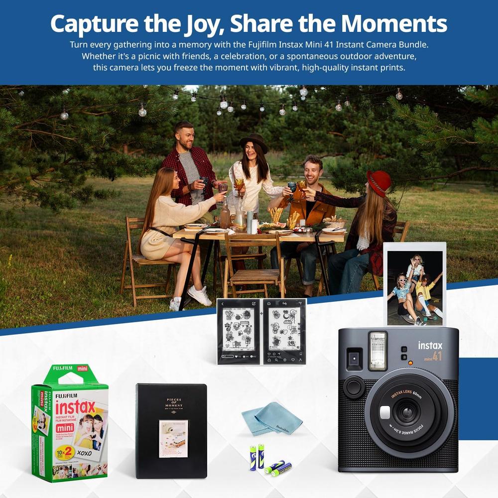 CÁMARA FUJIFILM INSTANTÁNEA INSTAX MINI 41 C/20 HOJAS ÁLBUM PILAS PAÑO Y ACC. SET 6 PZS | NEGRO - 2