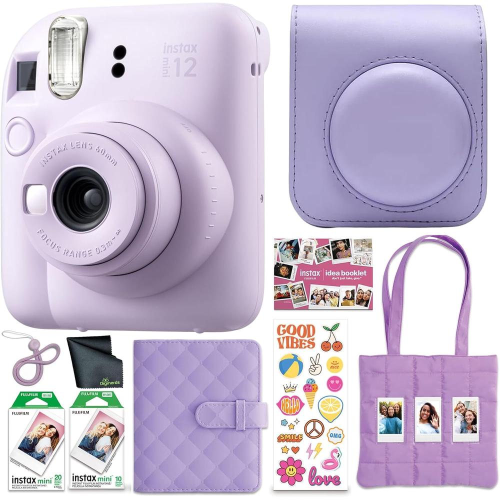CÁMARA FUJIFILM INSTANTÁNEA INSTAX MINI 12 PAQ. NAVIDEÑO 2025 C/20 HOJAS ESTUCHE Y PAÑO SET 4 PZS | MORADO - 1
