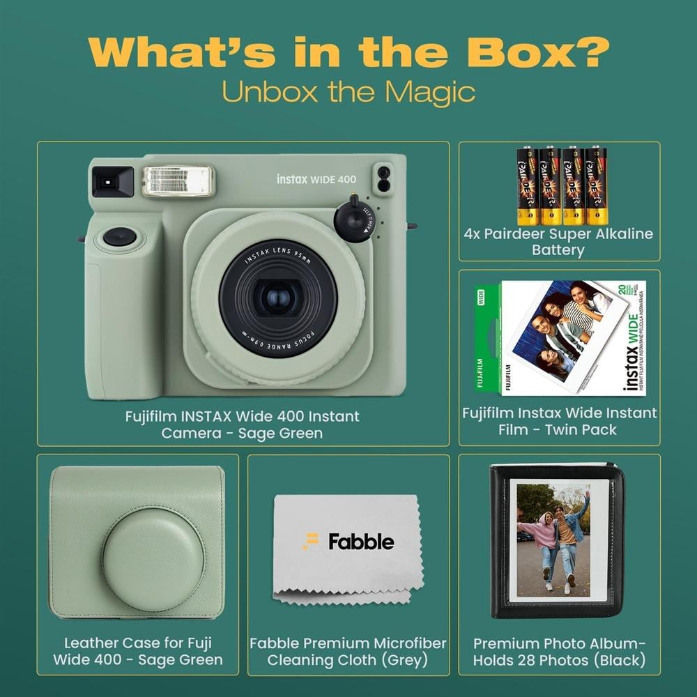 CÁMARA FUJIFILM INSTANTÁNEA INSTAX WIDE 400 C/PELÍCULA ESTUCHE ÁLBUM LENTE CORREA SET 8 PZS | VERDE SAGE - 2