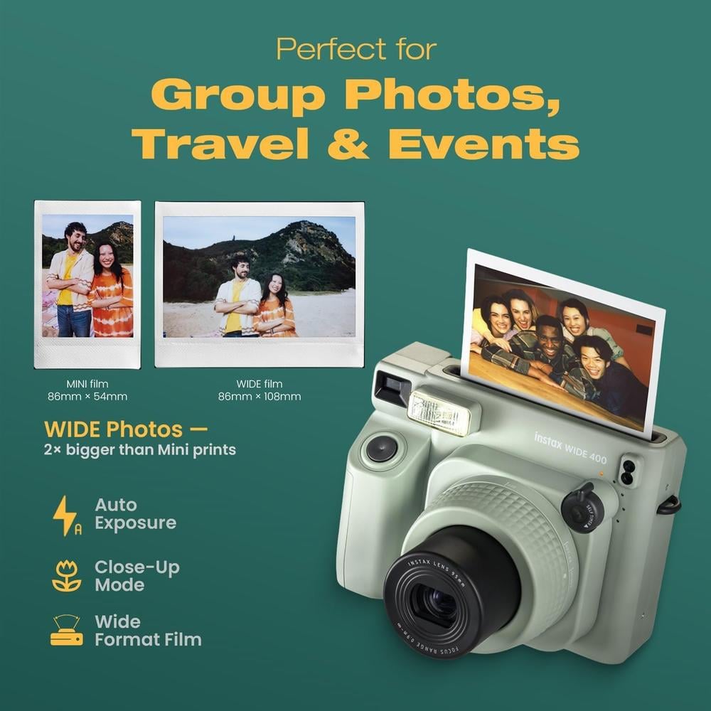 CÁMARA FUJIFILM INSTANTÁNEA INSTAX WIDE 400 C/PELÍCULA ESTUCHE ÁLBUM LENTE CORREA SET 8 PZS | VERDE SAGE - 3