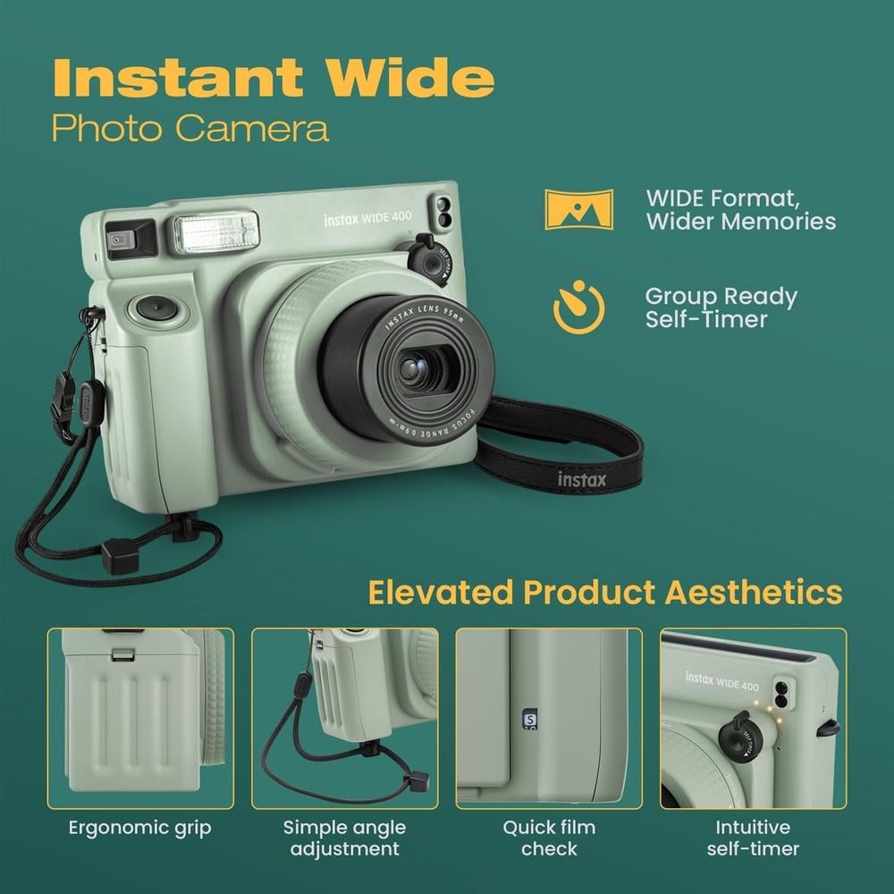 CÁMARA FUJIFILM INSTANTÁNEA INSTAX WIDE 400 C/PELÍCULA ESTUCHE ÁLBUM LENTE CORREA SET 8 PZS | VERDE SAGE - 5