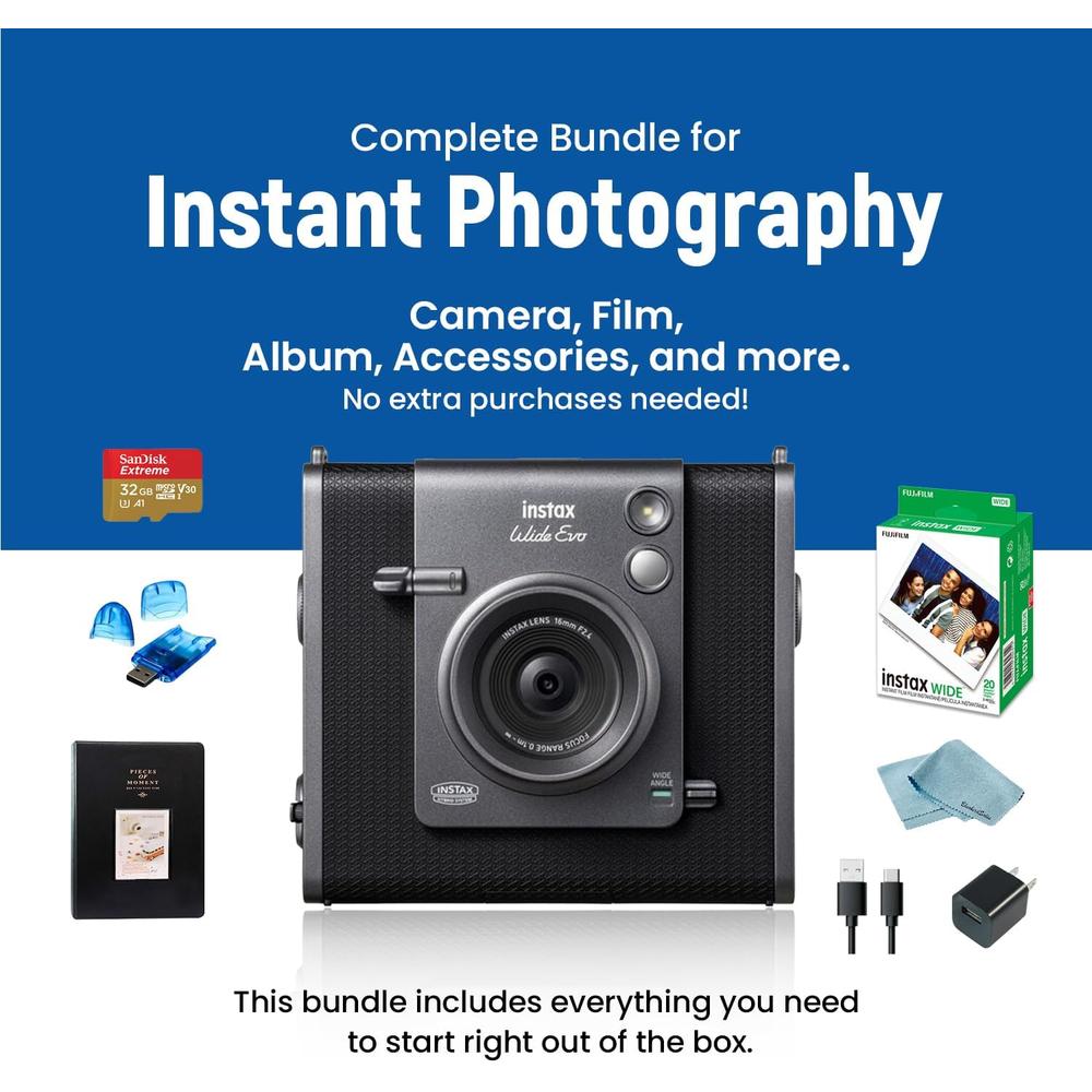 CÁMARA FUJIFILM HÍBRIDA INSTAX WIDE EVO C/20 HOJAS MEMORIA 32 GB LECTOR ÁLBUM SET 8 PZS | NEGRO - 2
