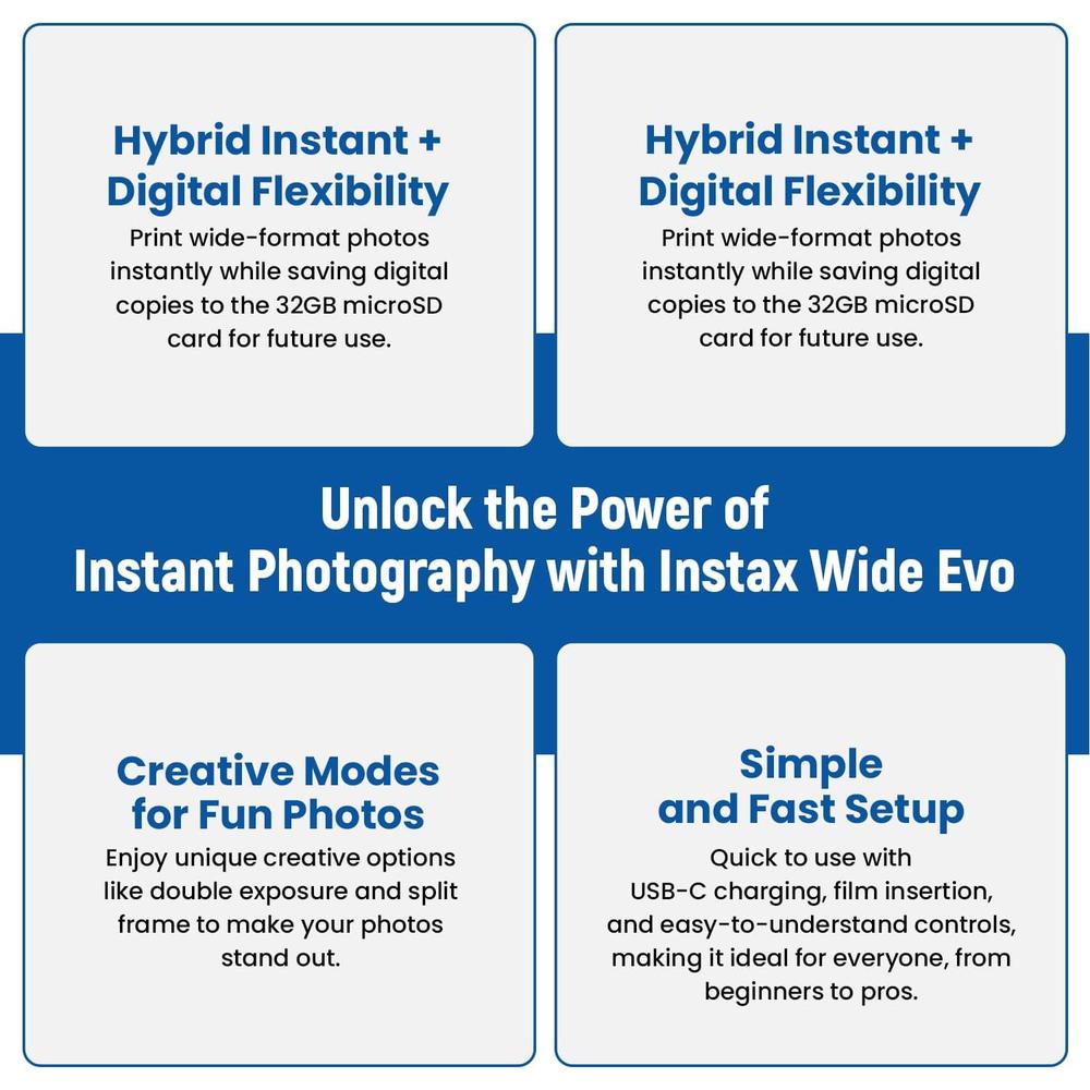 CÁMARA FUJIFILM HÍBRIDA INSTAX WIDE EVO C/20 HOJAS MEMORIA 32 GB LECTOR ÁLBUM SET 8 PZS | NEGRO - 5