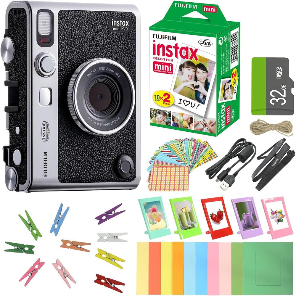 CÁMARA FUJIFILM HÍBRIDA INSTAX MINI EVO C/20 HOJAS MEMORIA 32 GB Y KIT DE MARCOS SET 5 PZS | NEGRO - 1