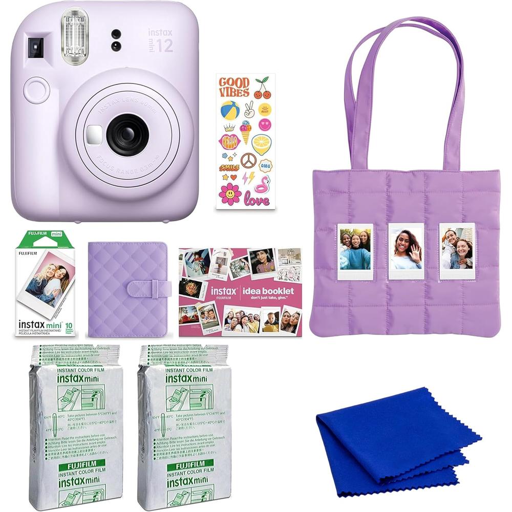 CÁMARA FUJIFILM INSTANTÁNEA INSTAX MINI 12 PAQ. NAVIDEÑO C/2 PACKS DE PELÍCULA Y PAÑO SET 3 PZS | MORADO LILAC - 1