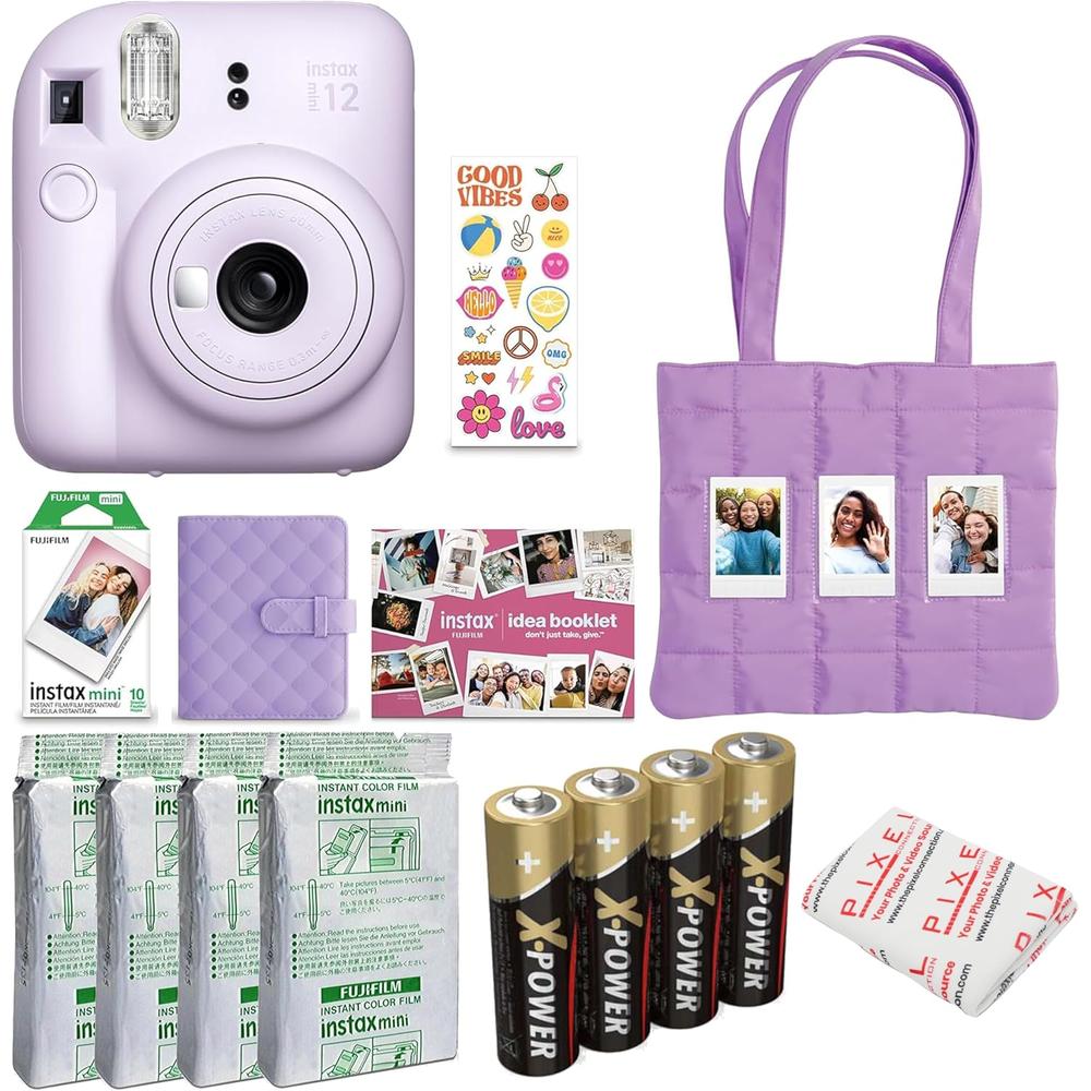 CÁMARA FUJIFILM INSTANTÁNEA INSTAX MINI 12 PAQ. NAVIDEÑO C/4 PACKS DE PELÍCULA 4 PILAS AA Y PAÑO SET 4 PZS | MORADO LILAC - 1