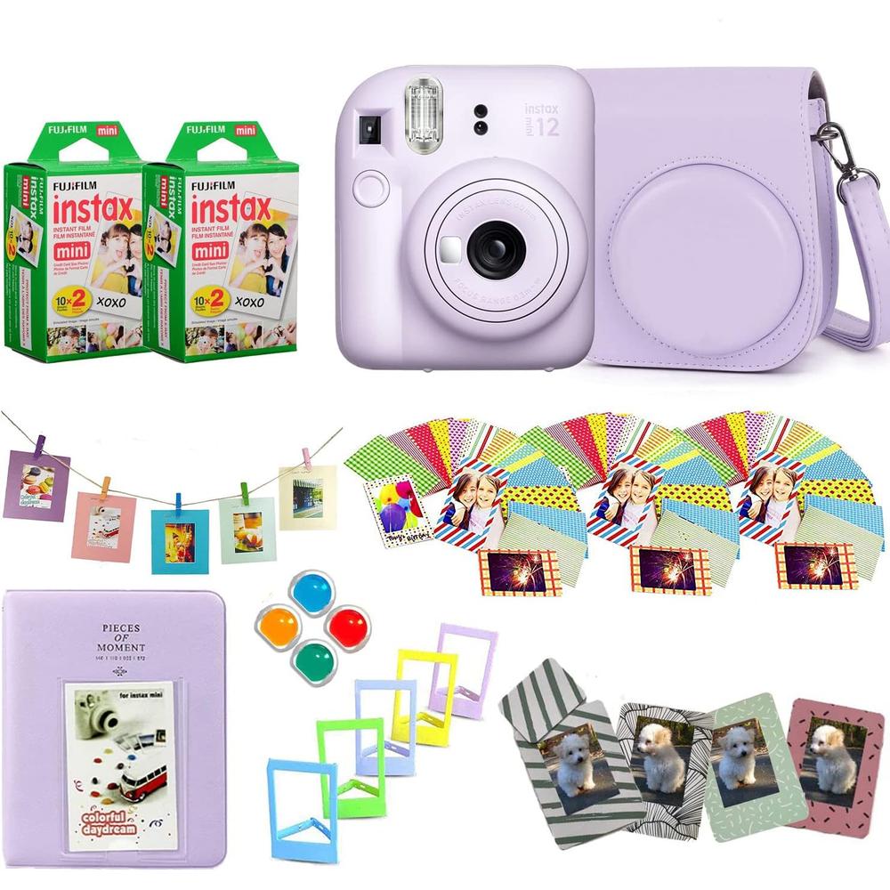 CÁMARA FUJIFILM INSTANTÁNEA INSTAX MINI 12 C/40 HOJAS ESTUCHE PRO MARCOS MAGNÉTICOS Y ÁLBUM SET 6 PZS | MORADO LILAC - 1