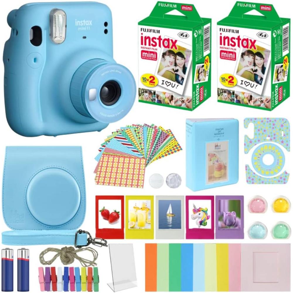 CÁMARA FUJIFILM INSTANTÁNEA INSTAX MINI 11 C/40 HOJAS ESTUCHE MINIMATE FILTROS ÁLBUM Y MARCOS SET 7 PZS | AZUL SKY - 1