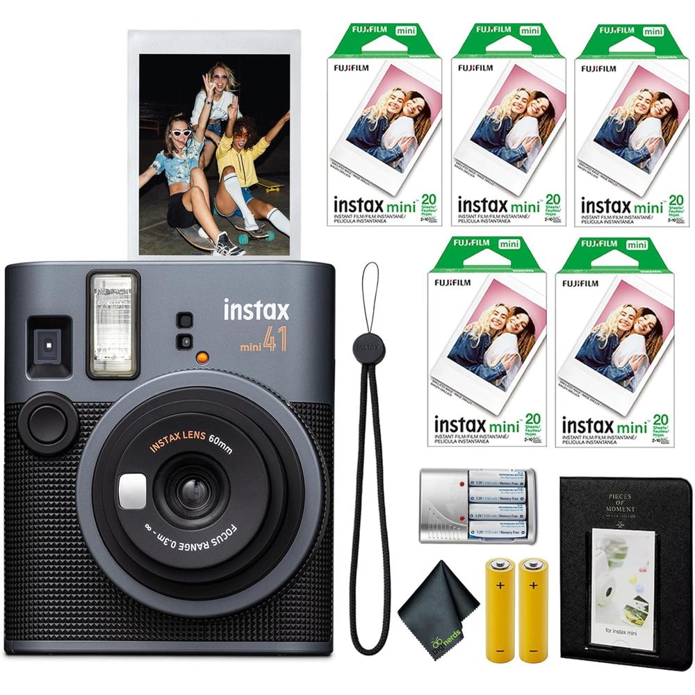 CÁMARA FUJIFILM INSTANTÁNEA INSTAX MINI 41 C/100 HOJAS CARGADOR ÁLBUM SET 5 PZS | NEGRO - 1