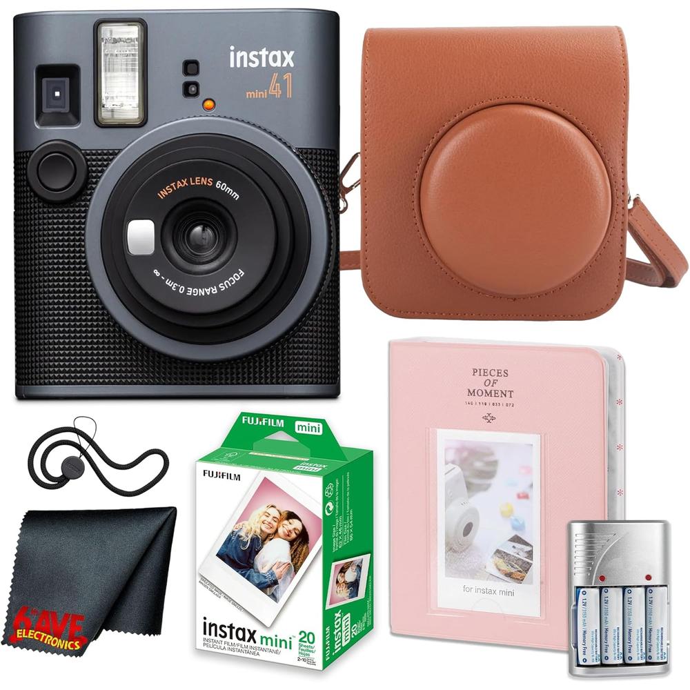 CÁMARA FUJIFILM INSTANTÁNEA INSTAX MINI 41 C/20 HOJAS ÁLBUM Y ESTUCHE VINTAGE SET 4 PZS | MARRÓN - 1