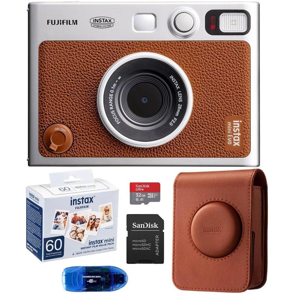 CÁMARA FUJIFILM HÍBRIDA INSTAX MINI EVO C/60 EXP. ESTUCHE Y MEMORIA 32 GB SET 4 PZS | MARRÓN - 1