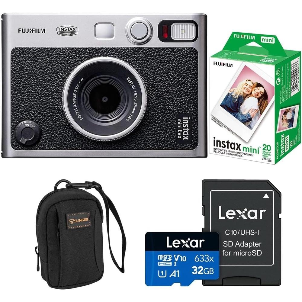 CÁMARA FUJIFILM HÍBRIDA INSTAX MINI EVO C/20 EXP. BOLSO Y MEMORIA MICRO SD SET 4 PZS | NEGRO - 1