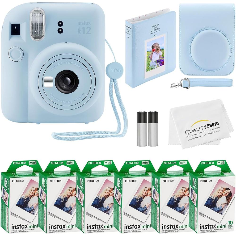CÁMARA FUJIFILM INSTANTÁNEA INSTAX MINI 12 C/60 HOJAS ESTUCHE STICKERS MARCOS Y ÁLBUM SET 6 PZS | AZUL PASTEL - 1