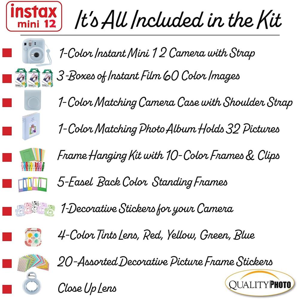 CÁMARA FUJIFILM INSTANTÁNEA INSTAX MINI 12 C/60 HOJAS ESTUCHE STICKERS MARCOS Y ÁLBUM SET 6 PZS | AZUL PASTEL - 3