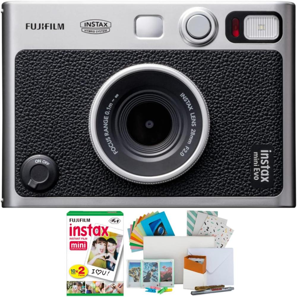 CÁMARA FUJIFILM HÍBRIDA INSTAX MINI EVO C/20 EXP. CAJA FOTOS MARCOS Y POSTALES SET 5 PZS | NEGRO - 1
