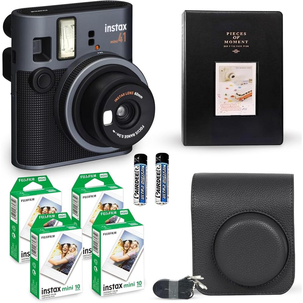 CÁMARA FUJIFILM INSTANTÁNEA INSTAX MINI 41 C/40 HOJAS ESTUCHE VINTAGE ÁLBUM Y ACC. SET 5 PZS | NEGRO VINTAGE - 1