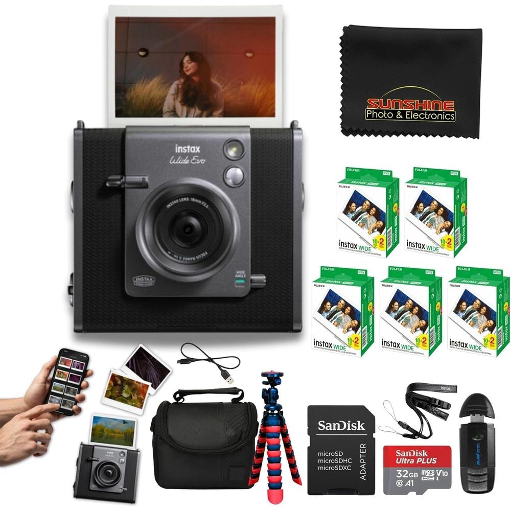 CÁMARA FUJIFILM HÍBRIDA INSTAX WIDE EVO C/5 TWIN PACKS MEMORIA 16 GB LECTOR Y TRÍPODE SET 6 PZS | NEGRO - 1