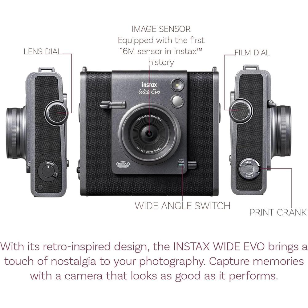 CÁMARA FUJIFILM HÍBRIDA INSTAX WIDE EVO C/5 TWIN PACKS MEMORIA 16 GB LECTOR Y TRÍPODE SET 6 PZS | NEGRO - 2