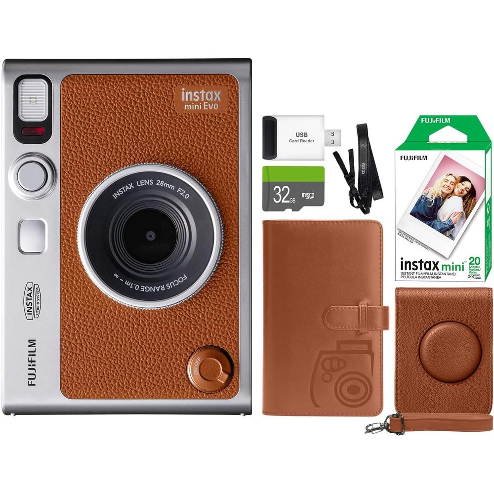 CÁMARA FUJIFILM HÍBRIDA INSTAX MINI EVO C/20 HOJAS ESTUCHE ÁLBUM Y MEMORIA 32 GB SET 5 PZS | MARRÓN - 1