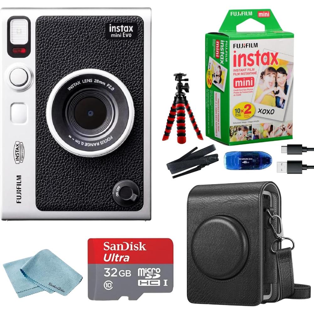 CÁMARA FUJIFILM HÍBRIDA INSTAX MINI EVO C/20 HOJAS MEMORIA 32 GB ESTUCHE TRÍPODE Y PAÑO SET 6 PZS | NEGRO - 1