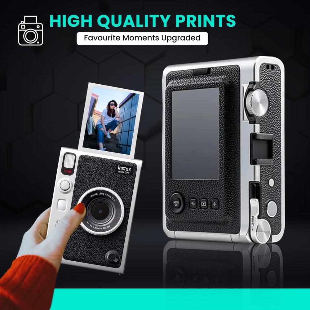 CÁMARA FUJIFILM HÍBRIDA INSTAX MINI EVO C/20 HOJAS MEMORIA 32 GB ESTUCHE TRÍPODE Y PAÑO SET 6 PZS | NEGRO - 2