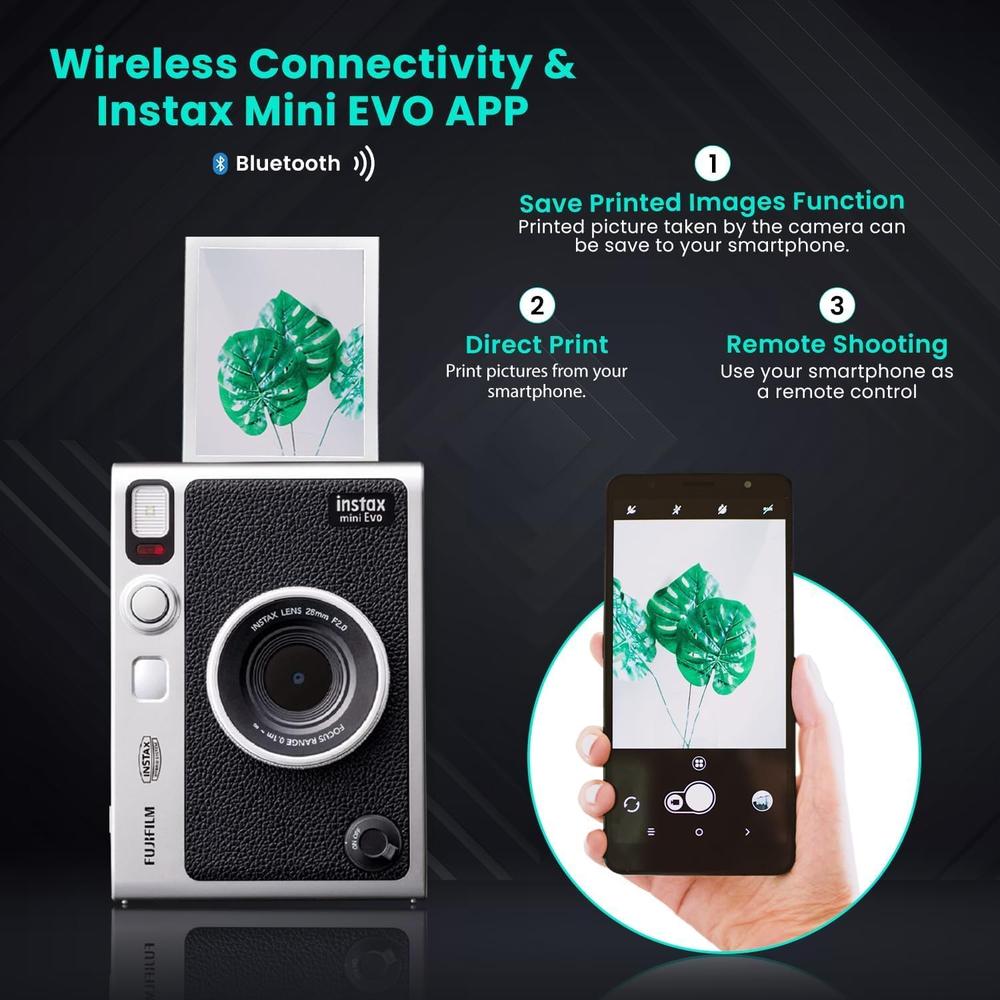CÁMARA FUJIFILM HÍBRIDA INSTAX MINI EVO C/20 HOJAS MEMORIA 32 GB ESTUCHE TRÍPODE Y PAÑO SET 6 PZS | NEGRO - 3
