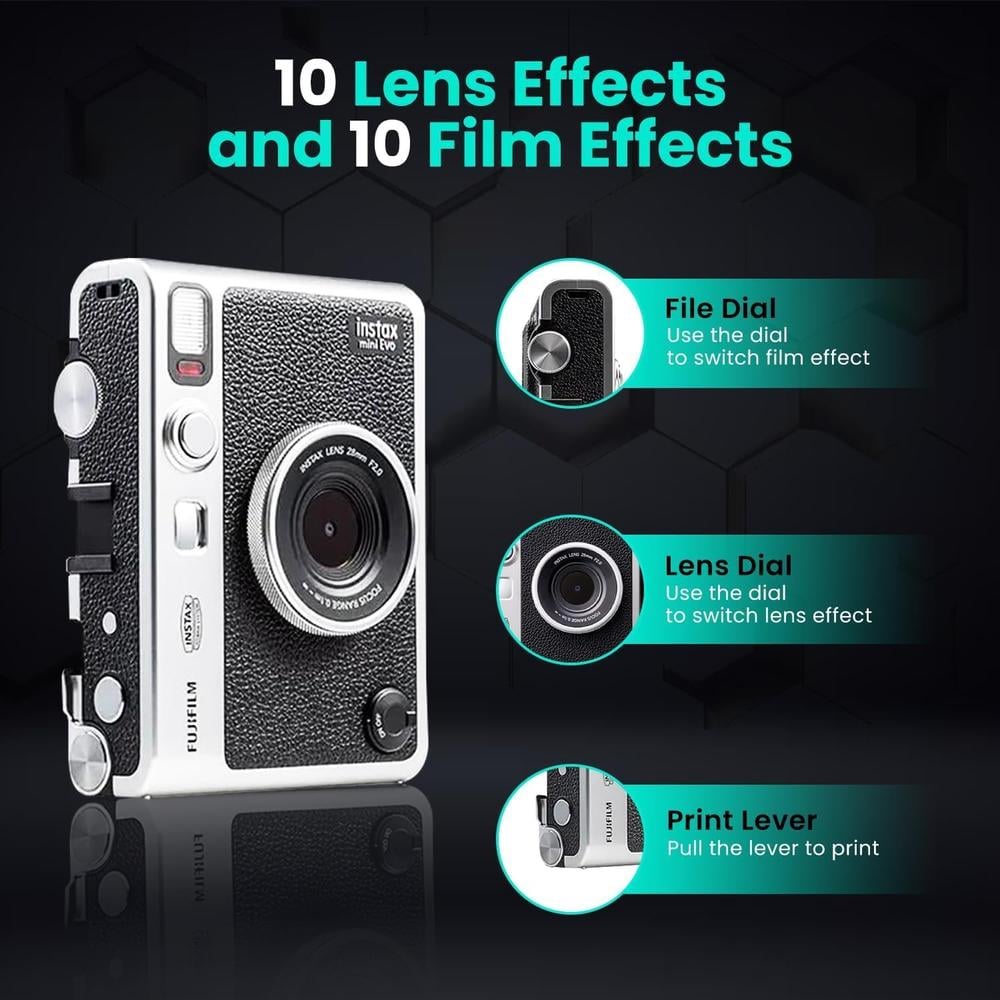 CÁMARA FUJIFILM HÍBRIDA INSTAX MINI EVO C/20 HOJAS MEMORIA 32 GB ESTUCHE TRÍPODE Y PAÑO SET 6 PZS | NEGRO - 4