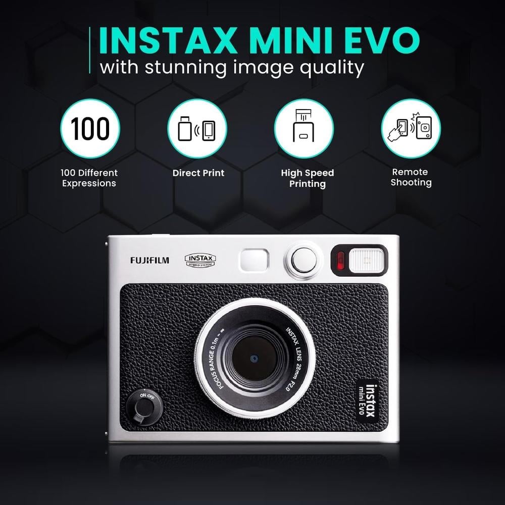 CÁMARA FUJIFILM HÍBRIDA INSTAX MINI EVO C/20 HOJAS MEMORIA 32 GB ESTUCHE TRÍPODE Y PAÑO SET 6 PZS | NEGRO - 5
