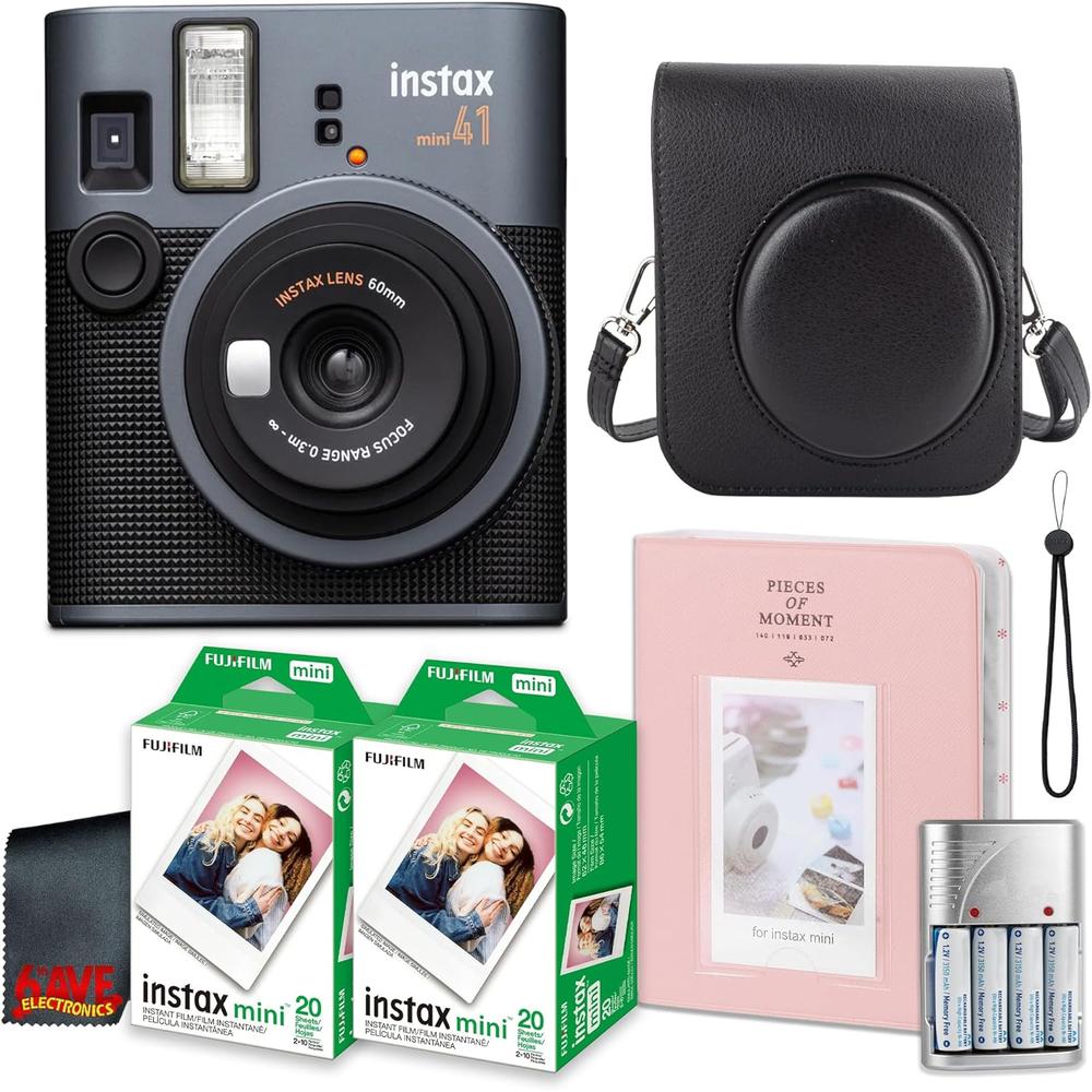 CÁMARA FUJIFILM INSTANTÁNEA INSTAX MINI 41 C/40 HOJAS ESTUCHE ÁLBUM SET 6 PZS | NEGRO - 1