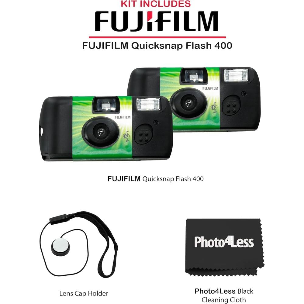 CÁMARA DESECHABLE FUJIFILM QUICKSNAP FLASH 400 35MM CORREA DE MANO PAÑO PARA LENTES - PACK 2 PZS - 2