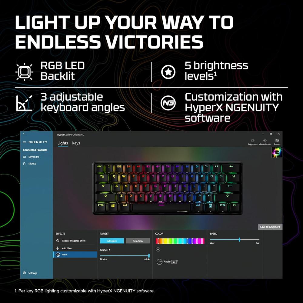 TECLADO ALÁMBRICO HYPERX ALLOY ORIGINS 60 SWITCH AQUA | NEGRO - 6