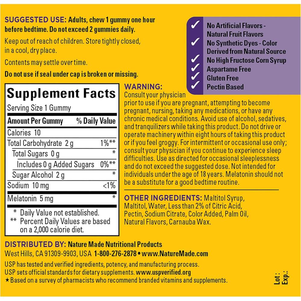 NATURE MADE MELATONINA CERO AZÚCAR 5 MG | 70 UND - 10