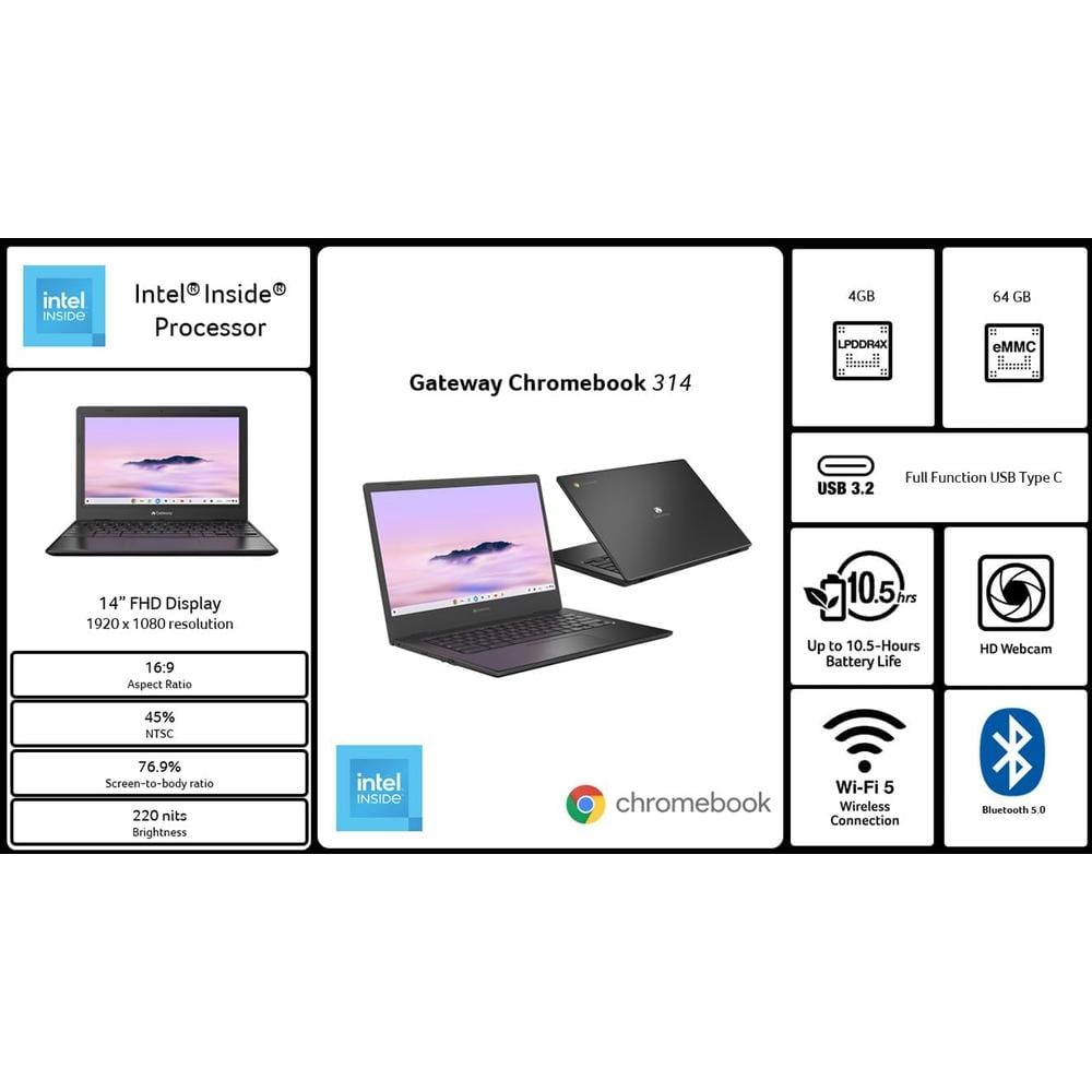 LAPTOP ACER GATEWAY CHROMEBOOK 314 14″ INTEL CELERON 4GB 64GB | NEGRO ESTELAR - 6