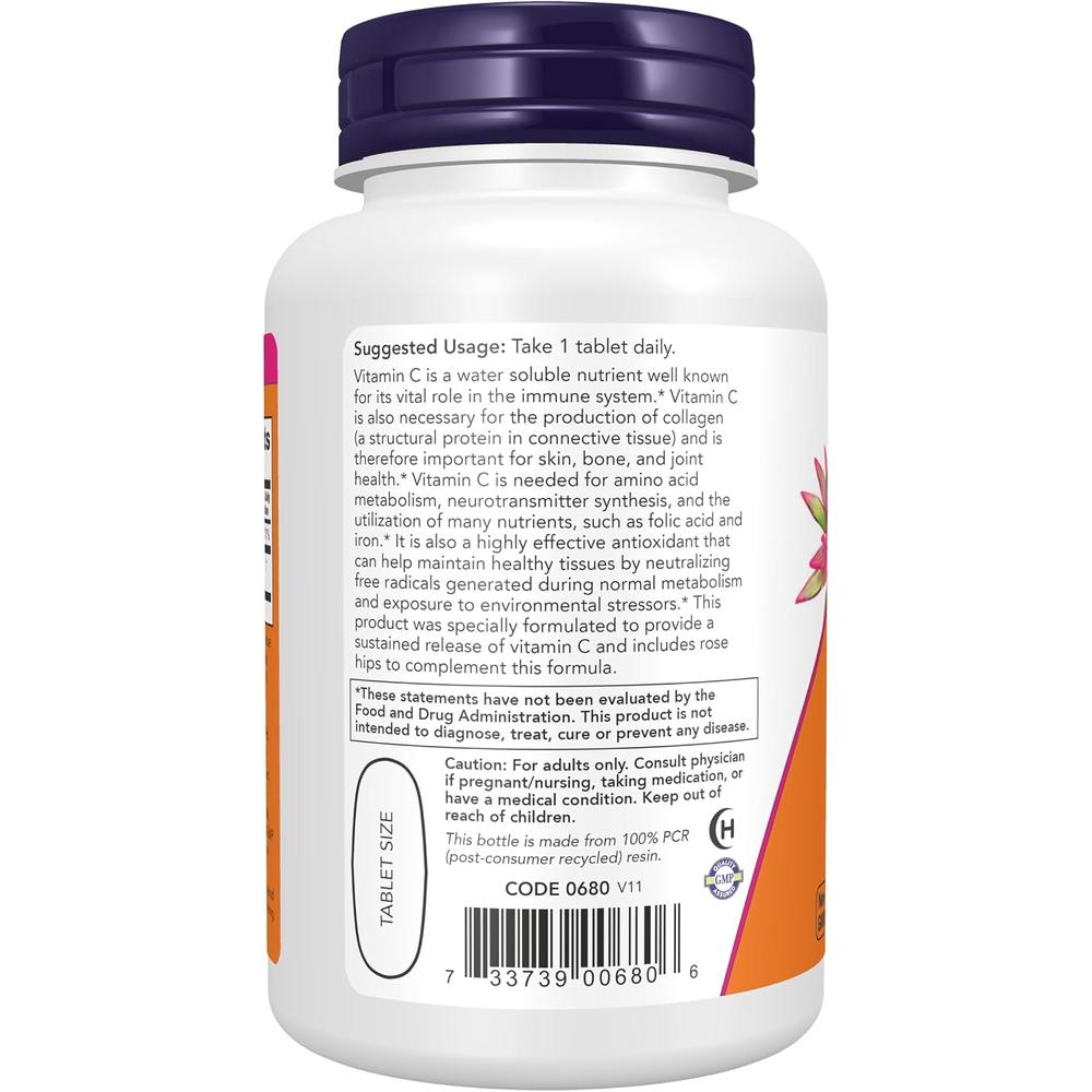 VITAMINA C NOW FOODS 1000 MG CON ESCARAMUJO 100 TABLETAS - 4