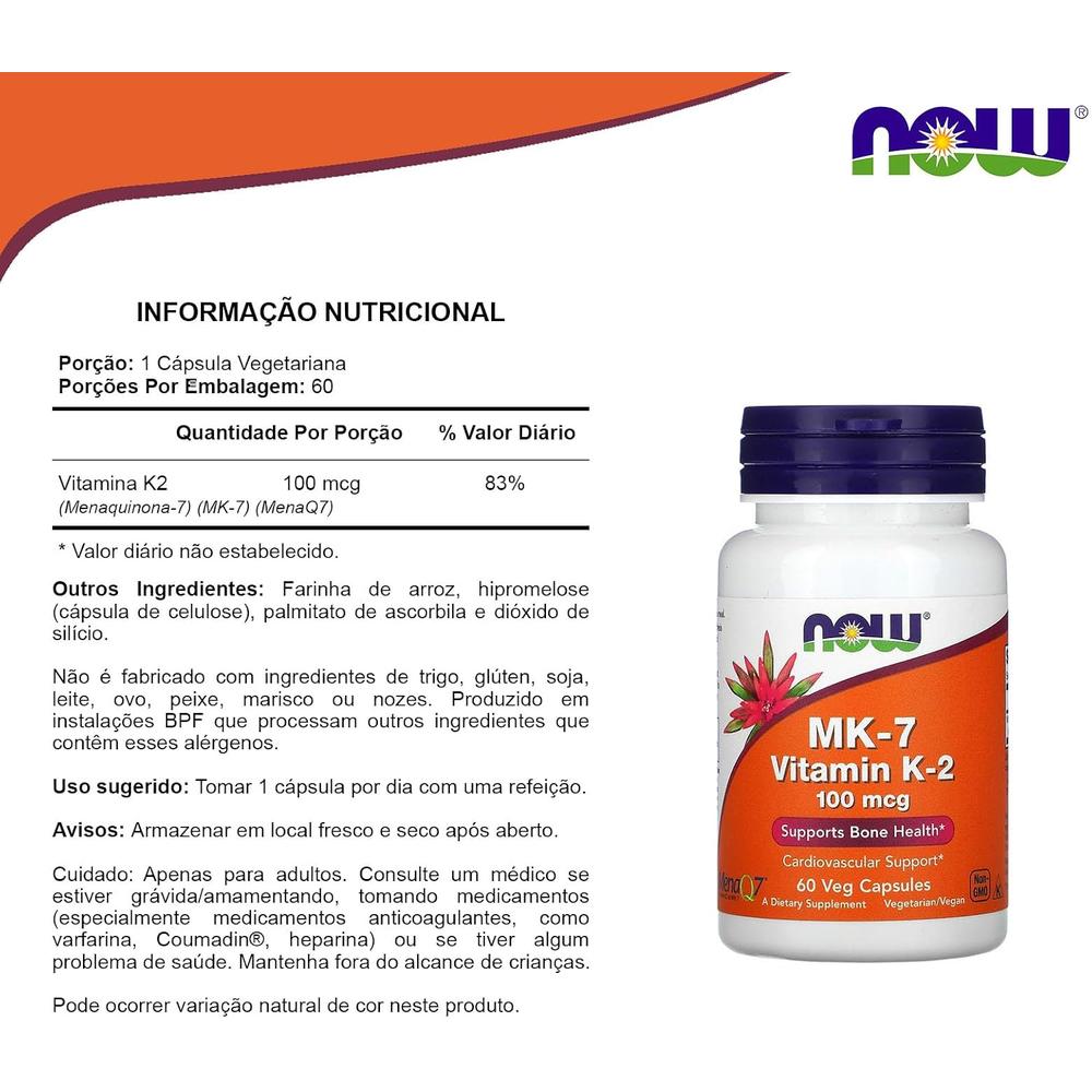 VITAMINA K2 MK-7 NOW FOODS 100 MCG 60 CÁPSULAS | PACK 2 - 5