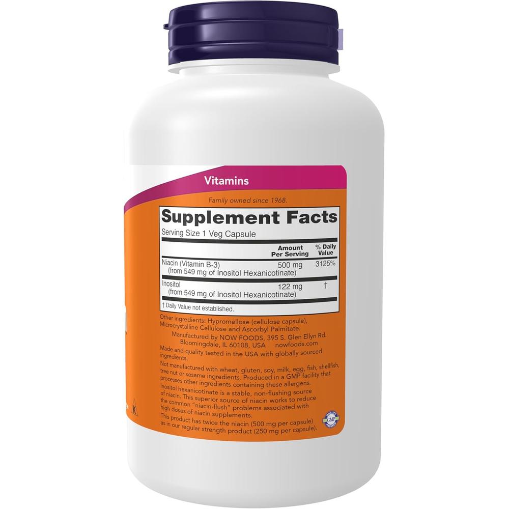 VITAMINA B3 NIACINA NOW FOODS 500 MG 180 CÁPSULAS | PACK 2 - 3