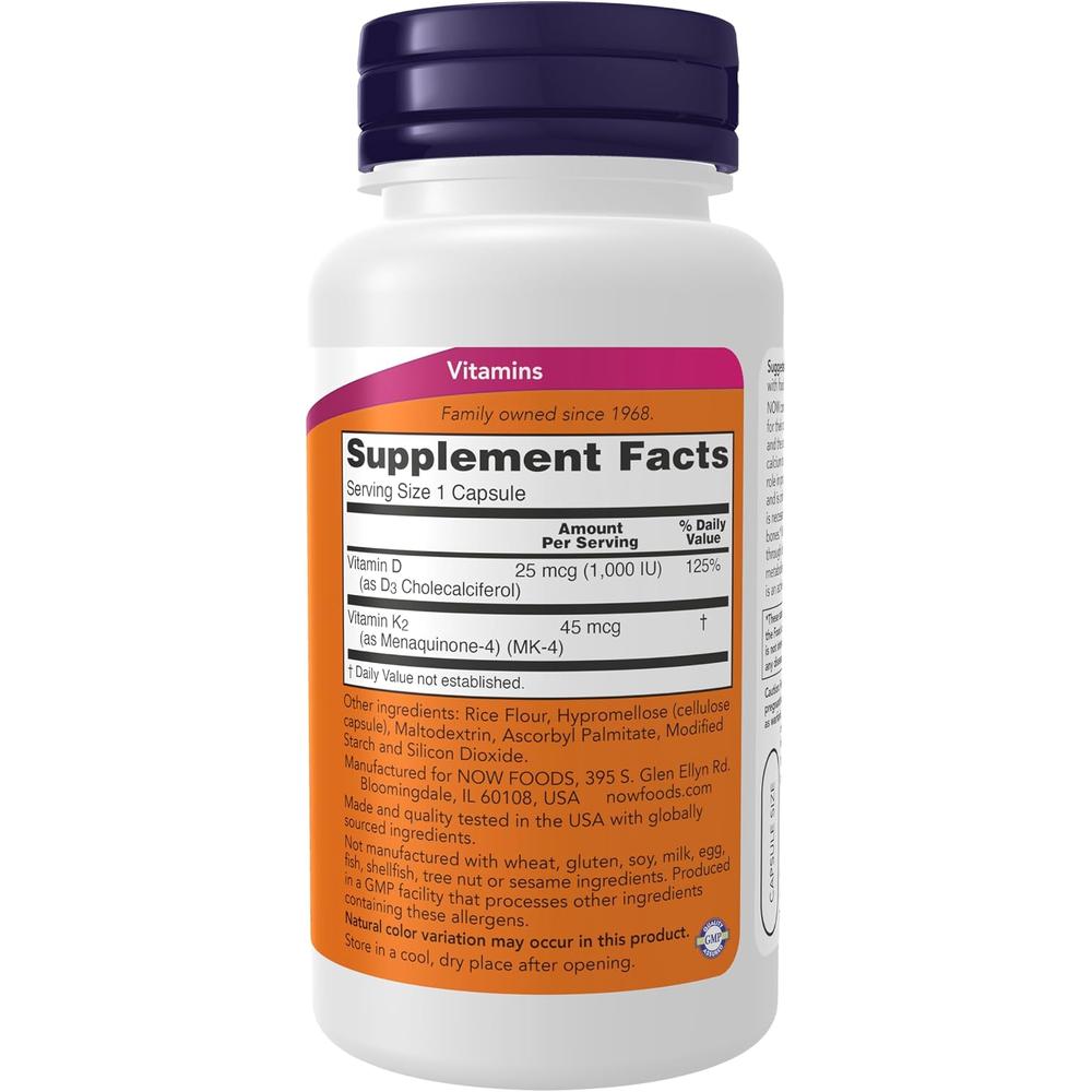 VITAMINA D3 + K2 NOW FOODS 1000 UI / 45 MCG 120 CÁPSULAS - 3