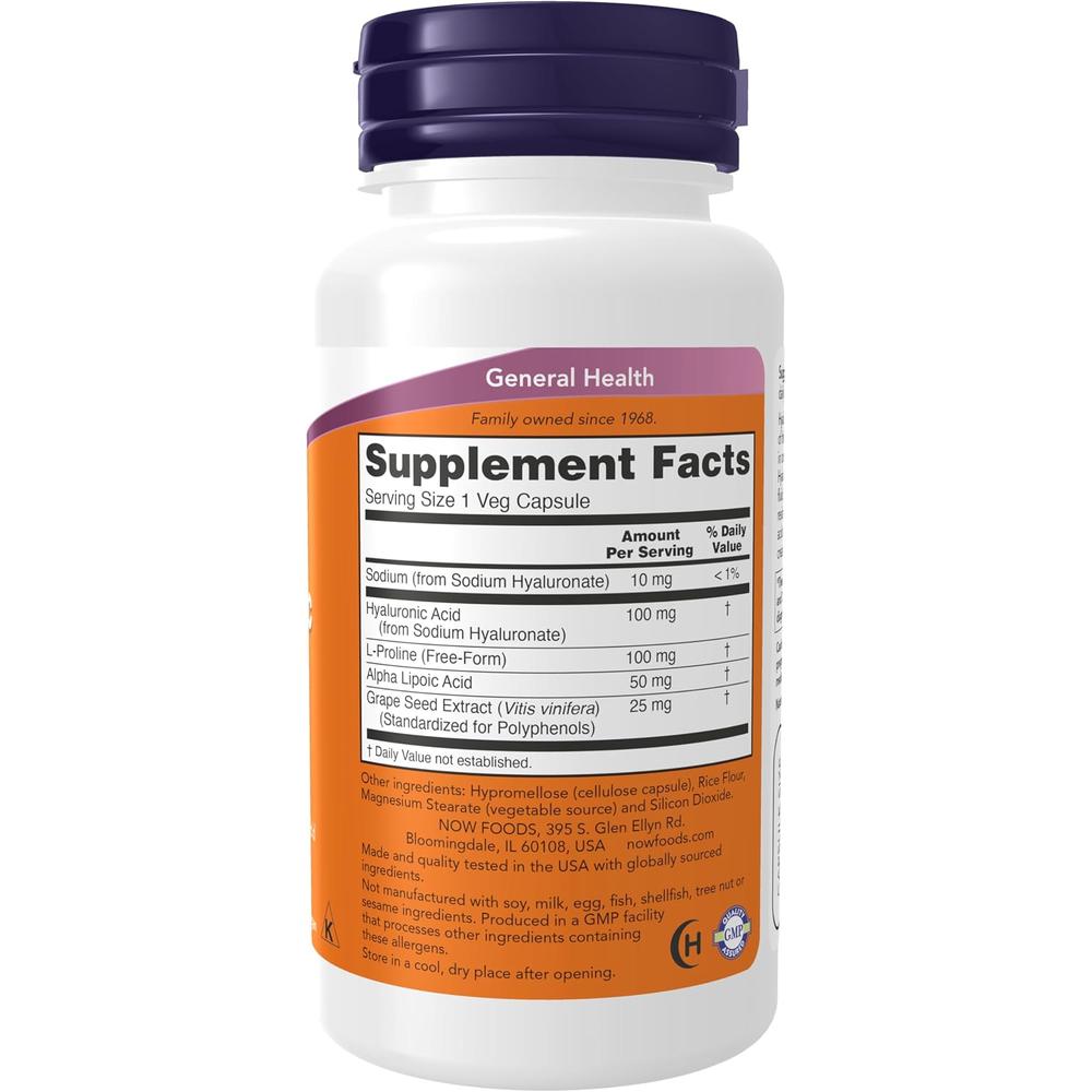ÁCIDO HIALURÓNICO NOW FOODS 100 MG CON L-PROLINA + ÁCIDO ALFA LIPOICO 60 CÁPSULAS - 3