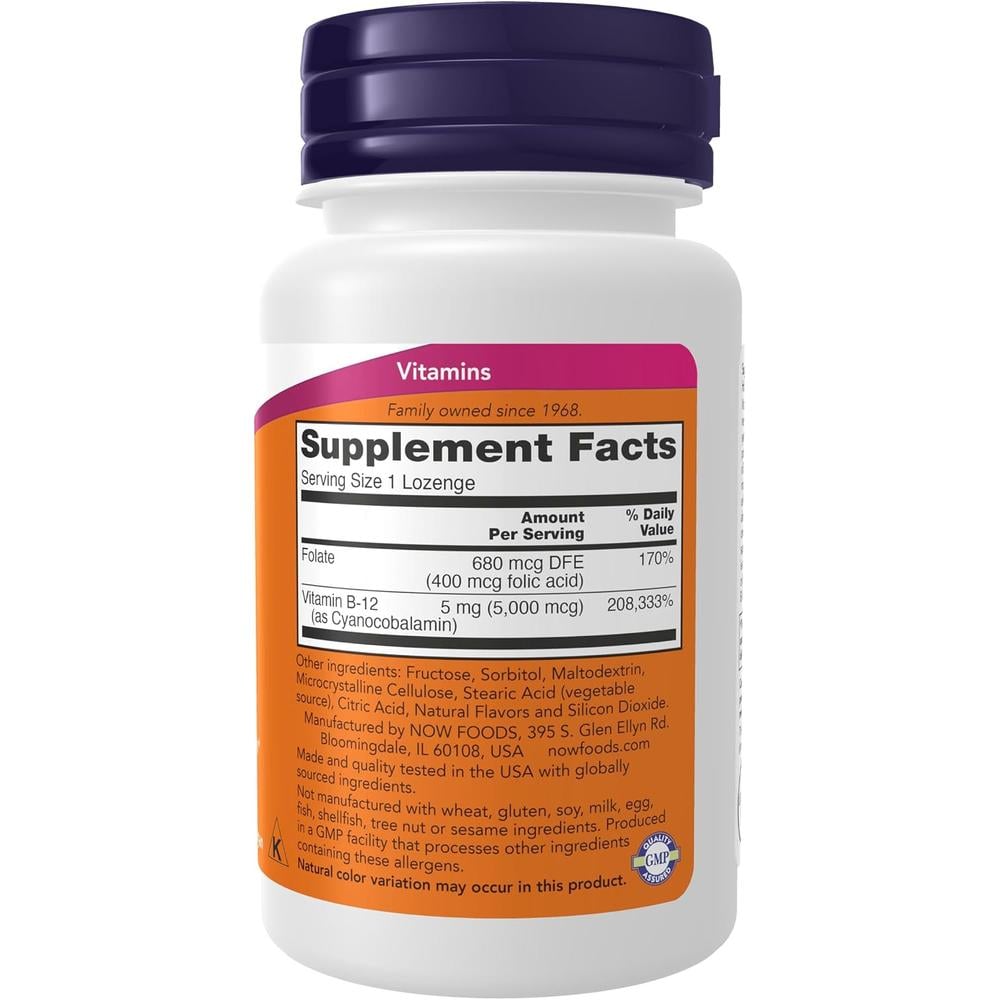VITAMINA B12 NOW FOODS 5000 MCG CON ÁCIDO FÓLICO 60 PASTILLAS - 3