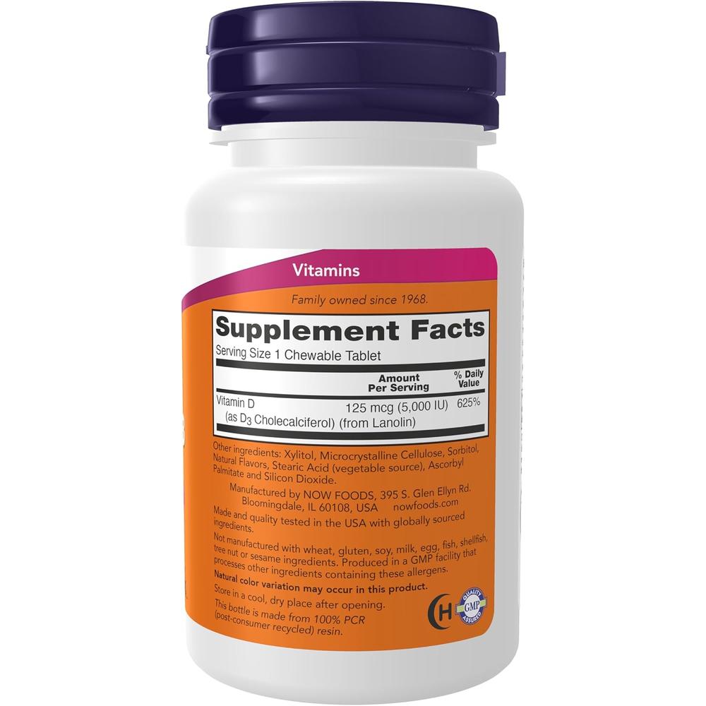 VITAMINA D3 NOW FOODS 5000 UI MENTA 120 MASTICABLES - 3