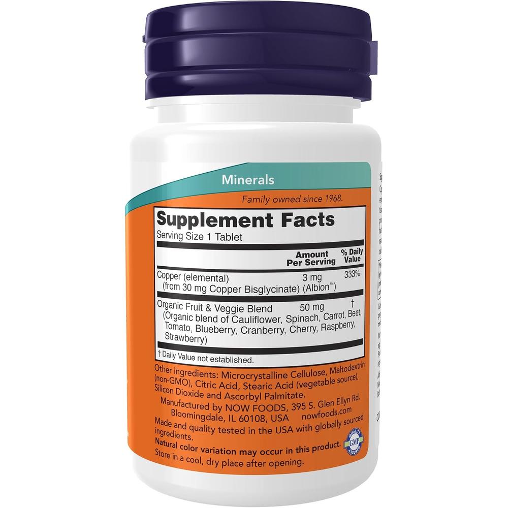GLICINATO DE COBRE NOW FOODS 3 MG 120 TABLETAS | PACK 2 - 3