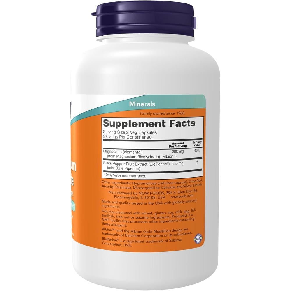 GLICINATO DE MAGNESIO NOW FOODS CON BIOPERINE 180 CÁPSULAS - 3