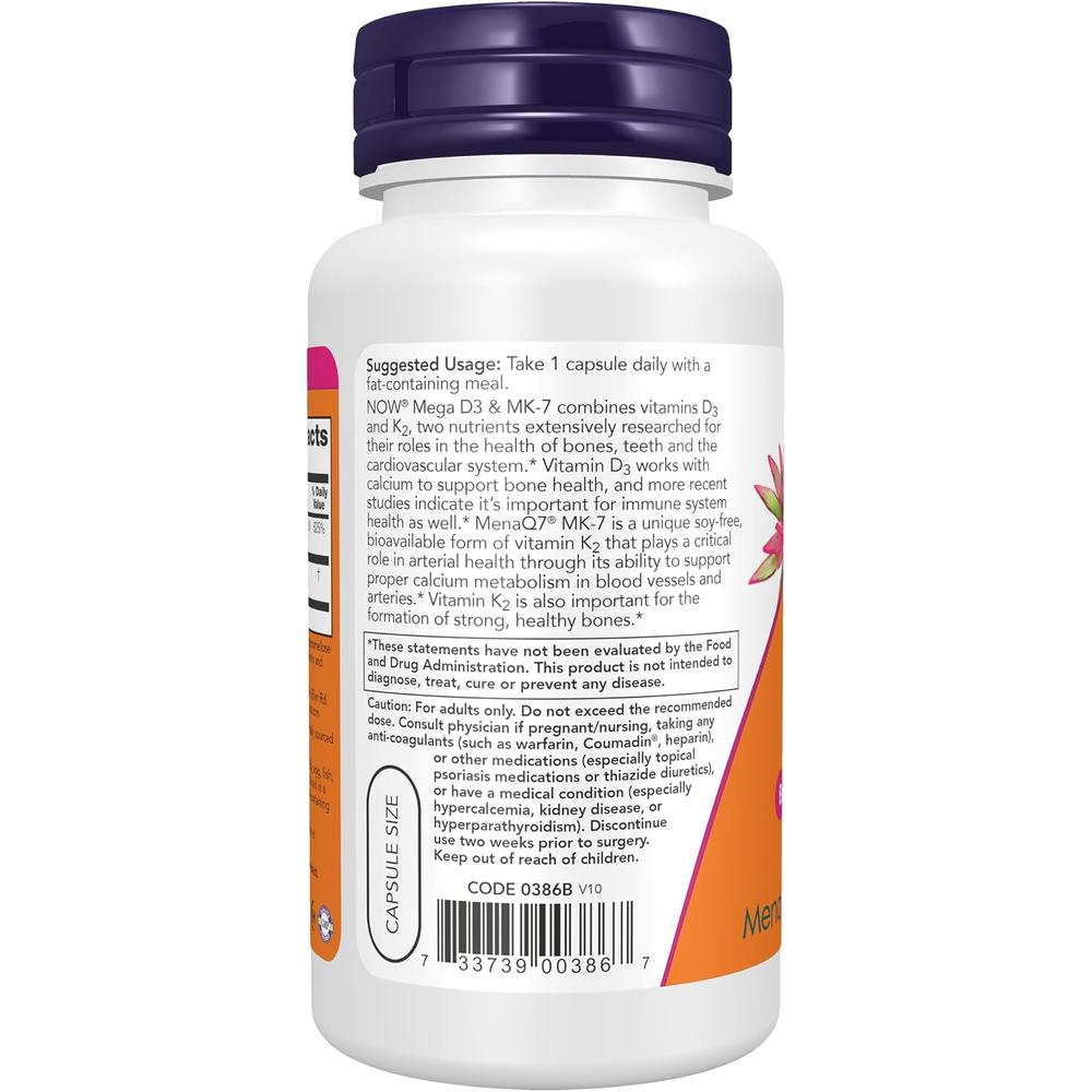 MEGA D3 + MK-7 NOW FOODS 5000 UI / 180 MCG 120 CÁPSULAS - 4