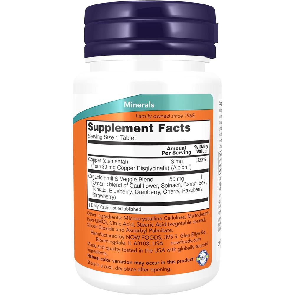 GLICINATO DE COBRE NOW FOODS 3 MG 120 TABLETAS - 3