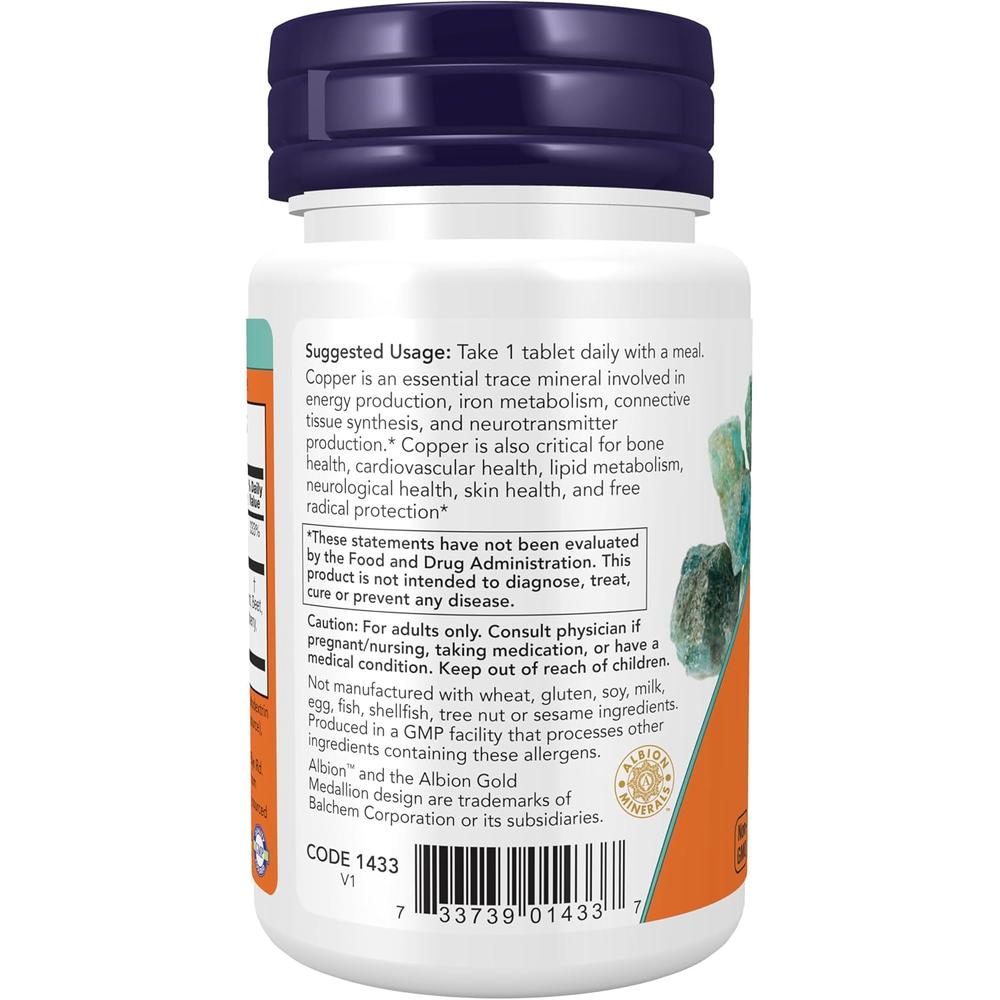 GLICINATO DE COBRE NOW FOODS 3 MG 120 TABLETAS - 4